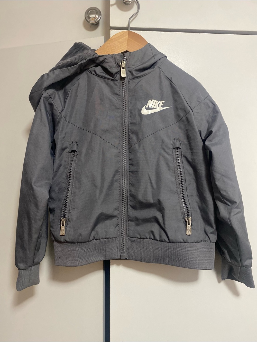 Nike Youth Gray Hooded Windbreaker with White Swoosh